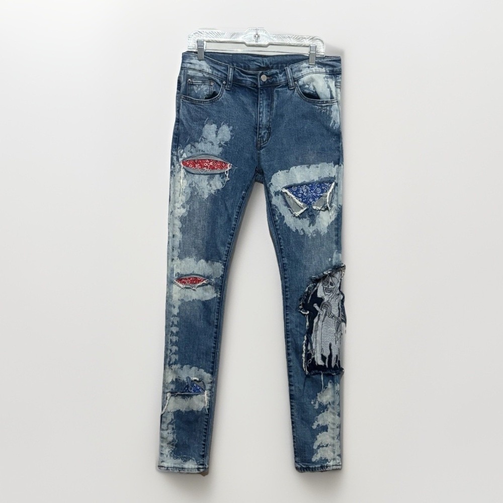 MNML Mens Sz 32x33‎ Distressed Denim Jeans Grim Reaper Patch Bandana Goth Rocker